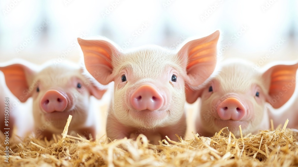 Three pigs are standing on a fence, looking at the camera Three pigs are standing on a fence, looking at the camera