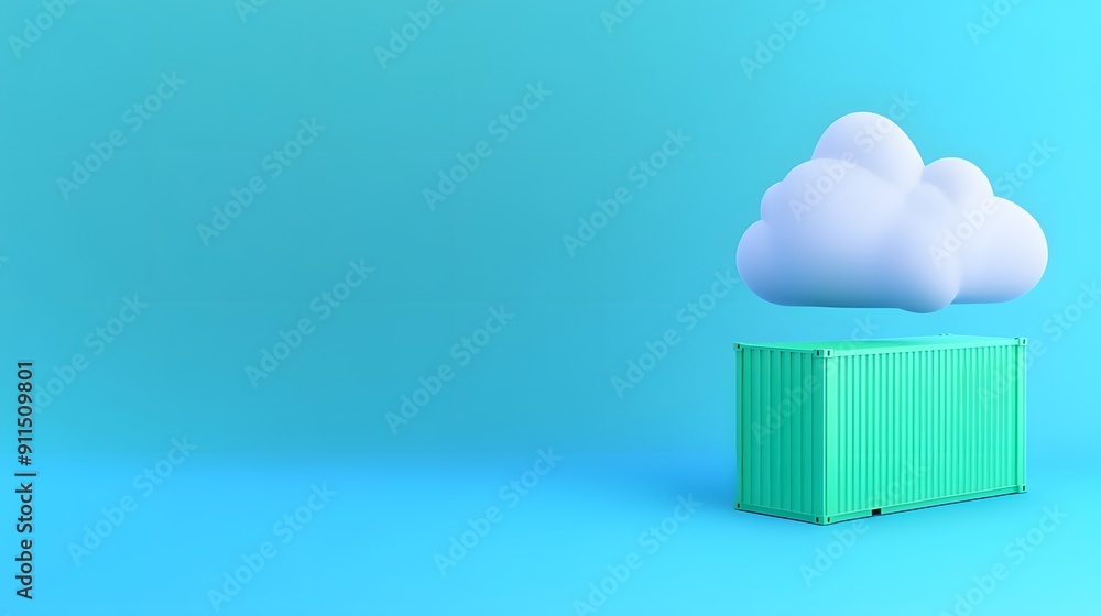 Minimalist 3D render of a green shipping container under a cloud on a blue background. Concept of cloud storage and data transport. Minimalist 3D render of a green shipping container under a cloud on a blue background. Concept of cloud storage and data transport.