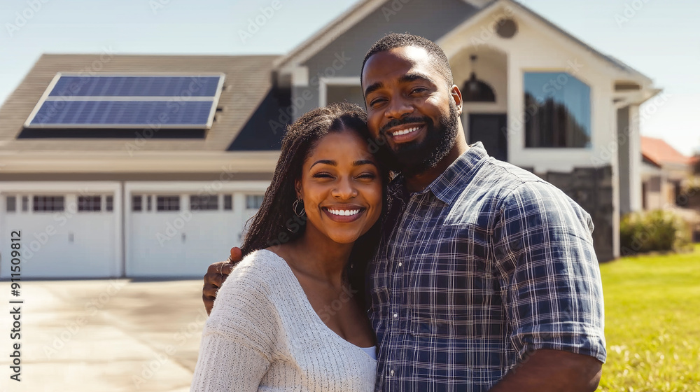 Happy black couple standing in the driveway of their house smiling, solar panels on roof, sunny weather Happy black couple standing in the driveway of their house smiling, solar panels on roof, sunny weather