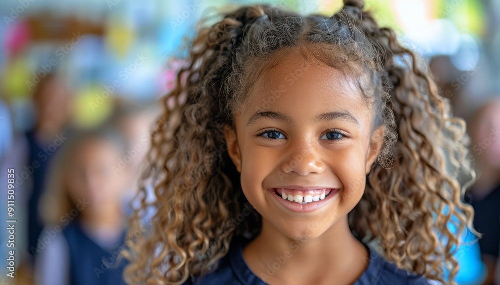 Smiling Young Girl With Curly Hair in Classroom During School Day Smiling Young Girl With Curly Hair in Classroom During School Day