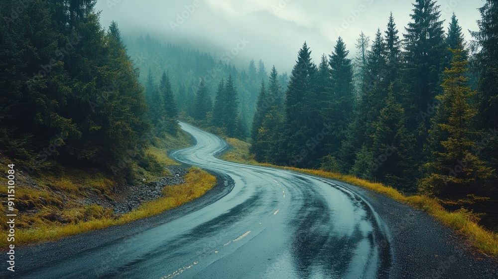 An adventurous journey awaits on the winding mountain road through the pine forest. An adventurous journey awaits on the winding mountain road through the pine forest.