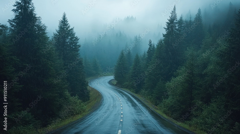 The road curves through the pine forest, offering a mountainous adventure. The road curves through the pine forest, offering a mountainous adventure.