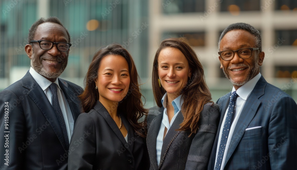 Group of Four Professionals Posing Outdoors in Urban Location During Clear Daylight Hours Group of Four Professionals Posing Outdoors in Urban Location During Clear Daylight Hours