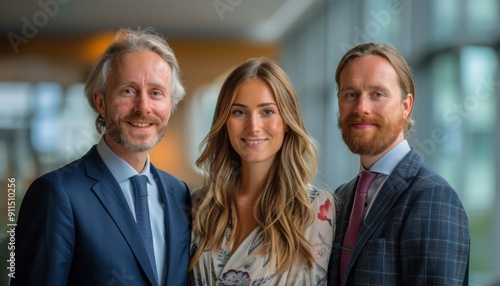 Professional Group Portrait of Three Colleagues at a Corporate Event in a Modern Office Space