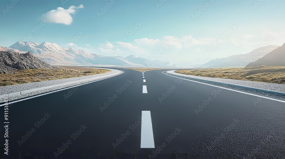 Fototapeta premium The image displays a panoramic view of a highway captured in an ultrawide angle format The road stretches into the distance under a clear sky with majestic mountains forming a picturesque backdrop