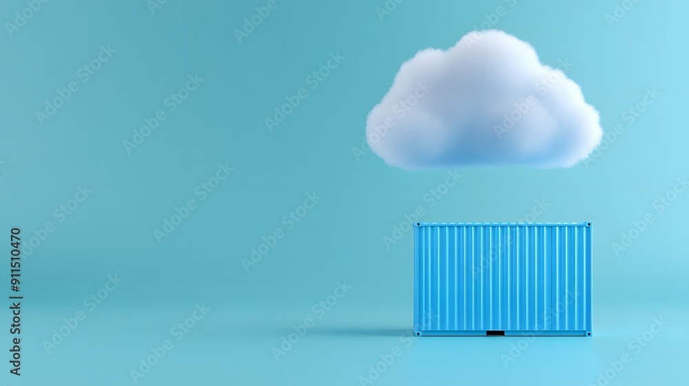 Minimalist image of a blue shipping container under a cloudy sky on a pastel blue background. Concept of storage and cloud computing. Minimalist image of a blue shipping container under a cloudy sky on a pastel blue background. Concept of storage and cloud computing.
