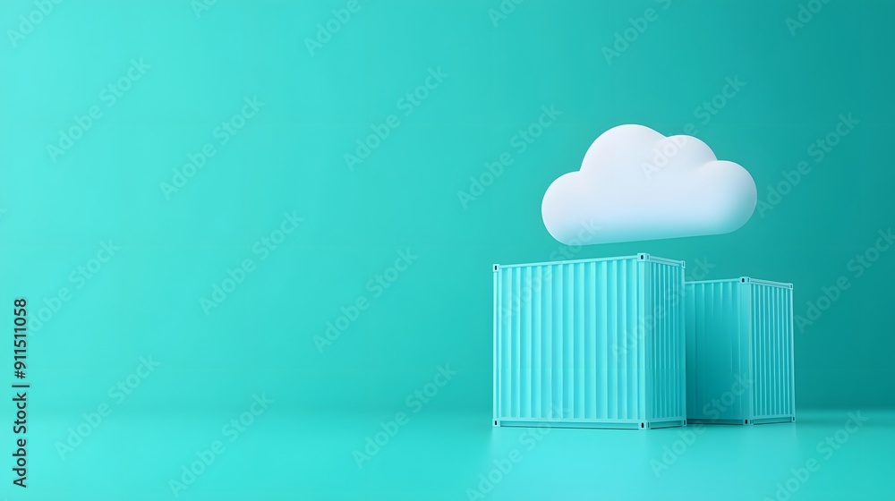 Minimalist teal background with cloud and container. Symbolizes cloud computing, data storage, and technology. Conceptual digital illustration. Minimalist teal background with cloud and container. Symbolizes cloud computing, data storage, and technology. Conceptual digital illustration.