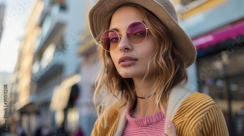 Stylish Young Woman Posing in Trendy Urban Clothing with Sunglasses on City Street