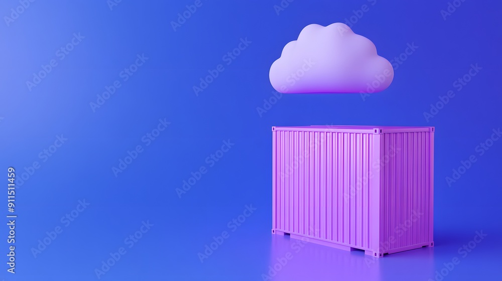Minimalistic 3D rendering of cloud above a pink shipping container on a vibrant blue background. Concept of cloud computing and storage. Minimalistic 3D rendering of cloud above a pink shipping container on a vibrant blue background. Concept of cloud computing and storage.