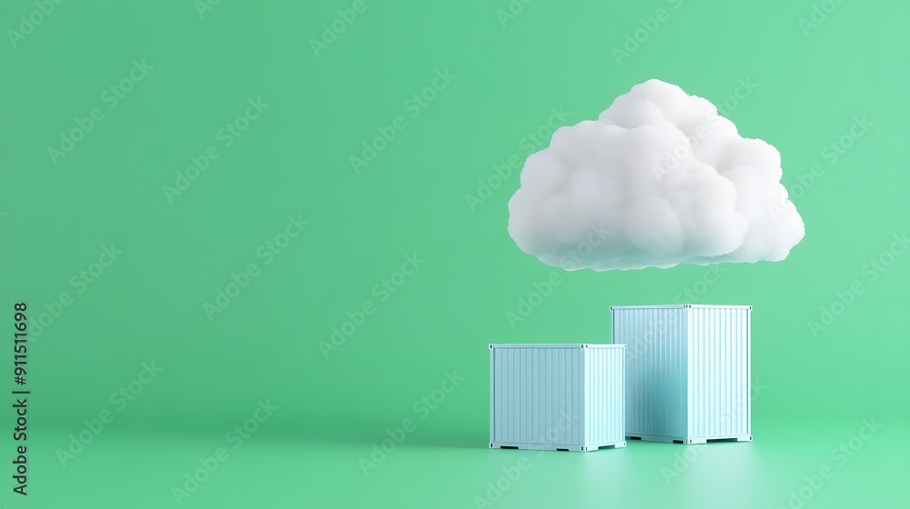 Minimalistic cloud and box scene on green background. Concept for technology, cloud storage, and modernization. Minimalistic cloud and box scene on green background. Concept for technology, cloud storage, and modernization.