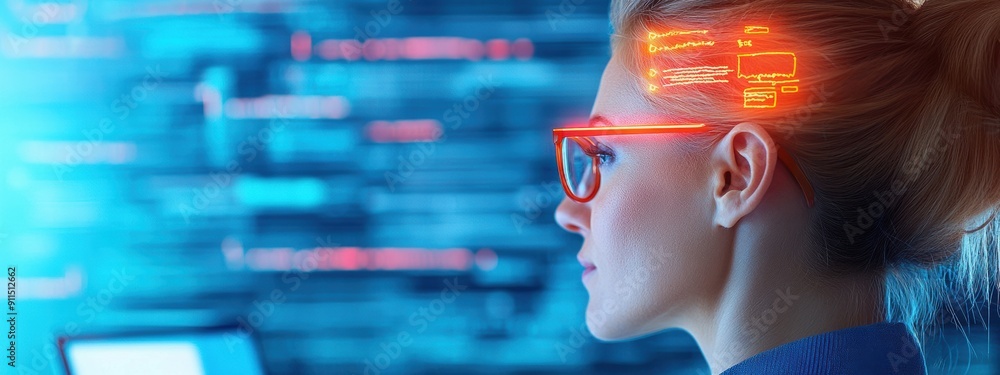 Fototapeta premium Startup, Dynamic scene of a businesswoman entrepreneur launching a startup, in a trendy co-working space, laptops and whiteboards in the background, energetic and inspiring atmosphere