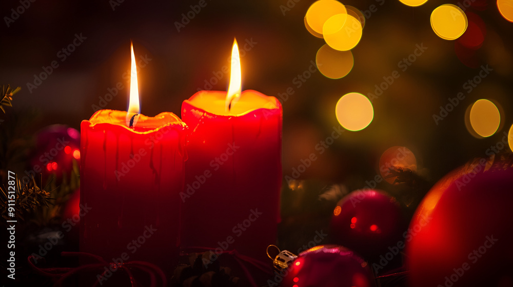 Advent Decoration with Two Burning Candles, Elegant Holiday Design, Festive Seasonal Decor, Generative AI Advent Decoration with Two Burning Candles, Elegant Holiday Design, Festive Seasonal Decor, Generative AI