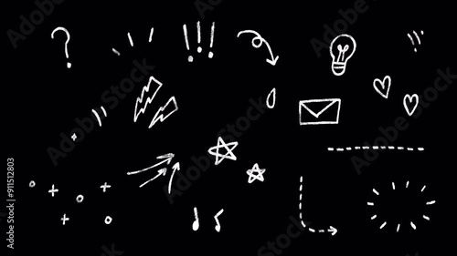 Cute doodle icons, wiggle animation stickers: question marks, arrows, stars, sparkles, light bulb, heart, music notes, surprised, rough pencil crayon style on a transparent background, alpha channel