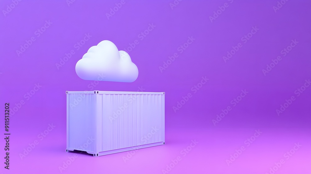 Modern tech concept with a cloud hovering over a container on purple background, symbolizing cloud computing and data storage solutions. Modern tech concept with a cloud hovering over a container on purple background, symbolizing cloud computing and data storage solutions.