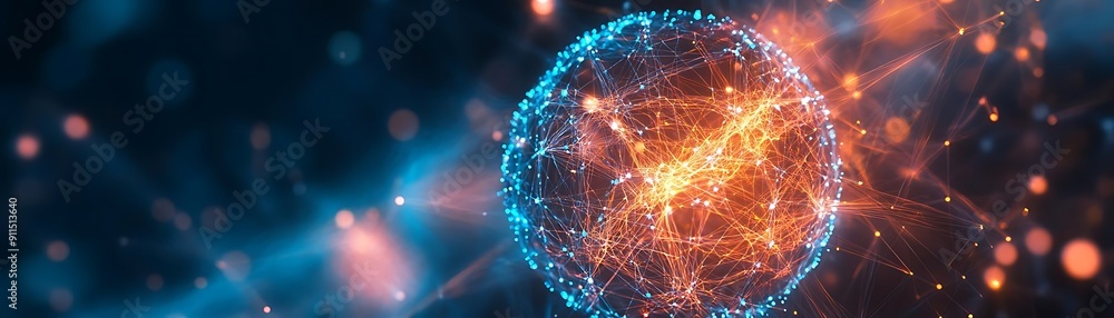 Abstract Sphere of Connected Lights: Blue and Orange Network Abstract Sphere of Connected Lights: Blue and Orange Network