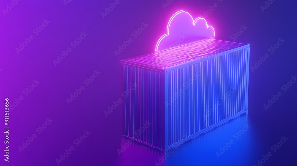 Neon cloud icon above a shipping container against a purple and blue gradient background, representing technology and storage concepts. Neon cloud icon above a shipping container against a purple and blue gradient background, representing technology and storage concepts.