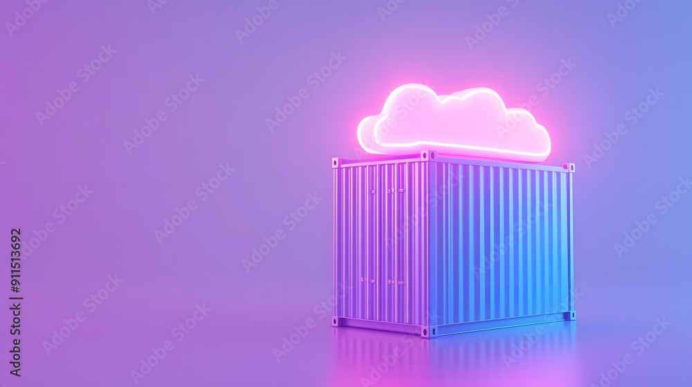 Neon cloud icon atop a cargo container against a vibrant purple background, representing cloud storage and data technology. Neon cloud icon atop a cargo container against a vibrant purple background, representing cloud storage and data technology.