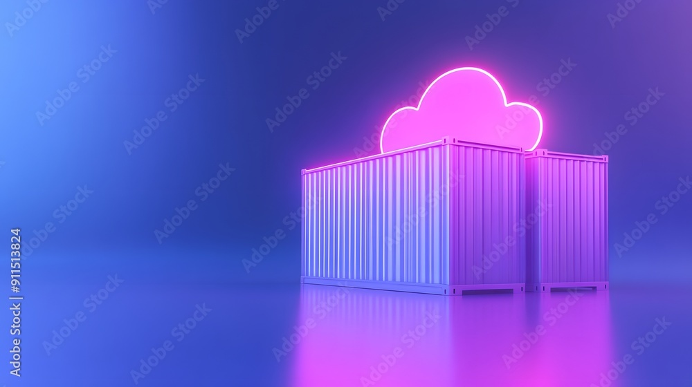 Neon cloud icon over a container box, symbolizing cloud computing and storage, in a modern, blue and purple ambient light setting. Neon cloud icon over a container box, symbolizing cloud computing and storage, in a modern, blue and purple ambient light setting.