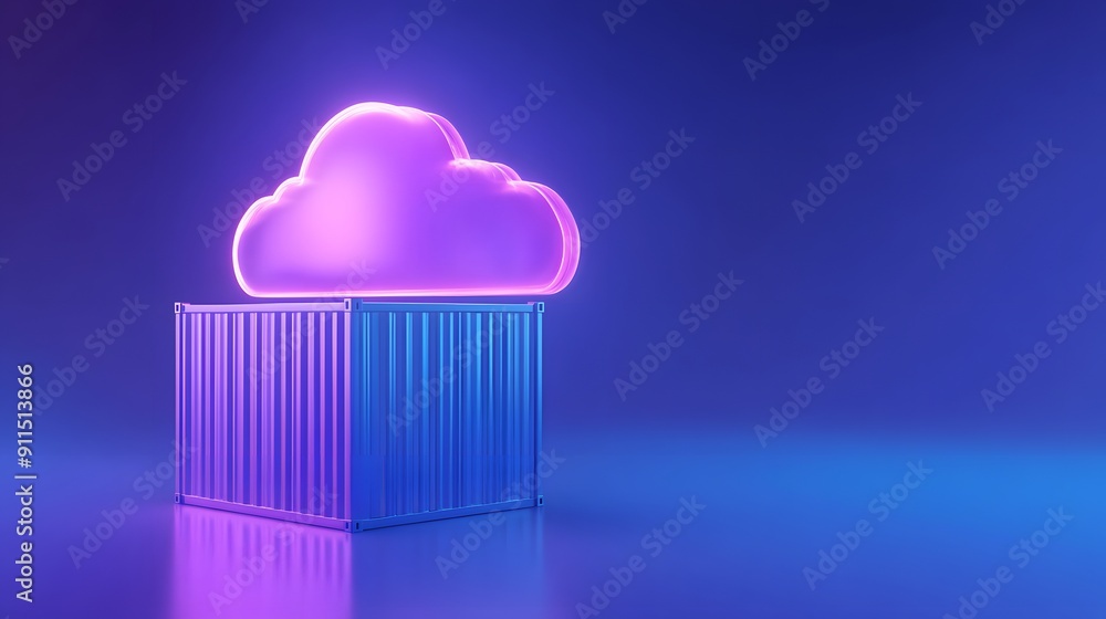 Neon cloud icon with a blue container on a gradient background, representing cloud computing and data storage in a modern, minimalistic style. Neon cloud icon with a blue container on a gradient background, representing cloud computing and data storage in a modern, minimalistic style.