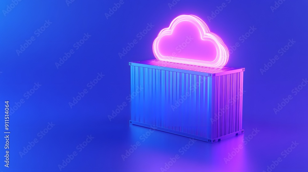 Neon cloud symbol on a shipping container, representing cloud computing and modern technology. Purple and blue hues create a futuristic feel. Neon cloud symbol on a shipping container, representing cloud computing and modern technology. Purple and blue hues create a futuristic feel.