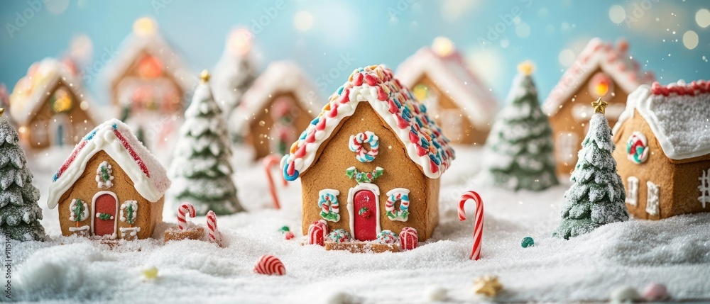 Charming gingerbread houses in a snowy landscape, adorned with colorful sweets and festive decorations, perfect for holiday themes. Charming gingerbread houses in a snowy landscape, adorned with colorful sweets and festive decorations, perfect for holiday themes.