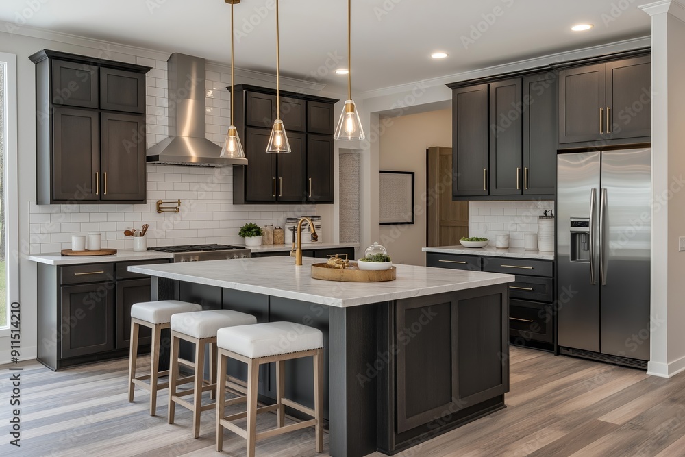 A kitchen with a large island and stainless steel appliances. Interior designs A kitchen with a large island and stainless steel appliances. Interior designs