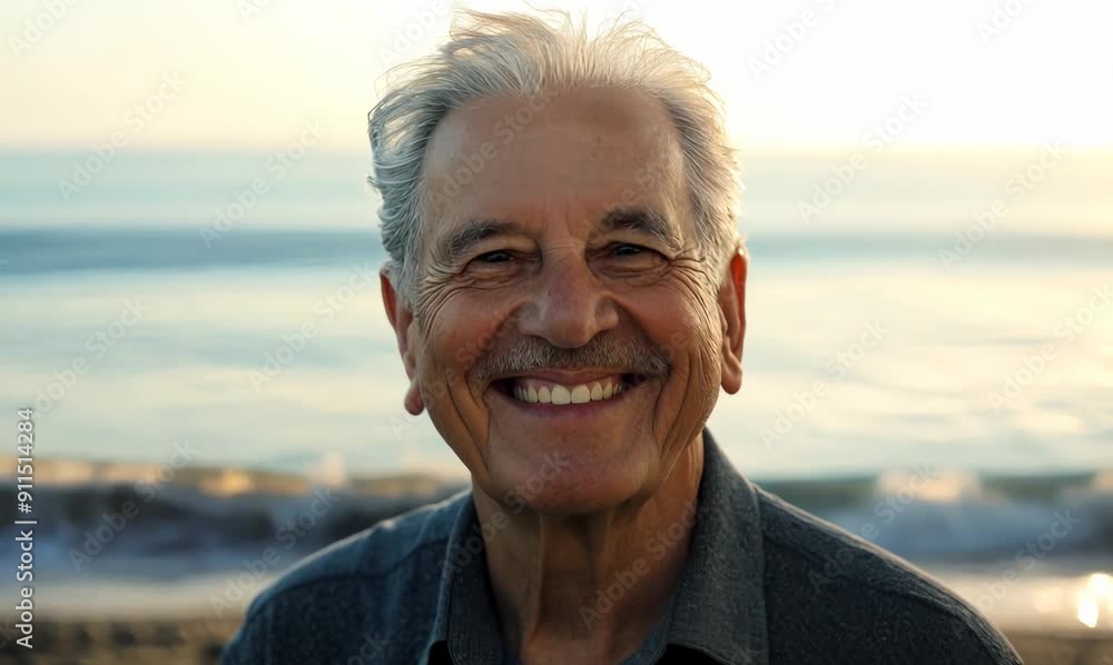 Portrait of senior man standing in front of the ocean and smiling Portrait of senior man standing in front of the ocean and smiling