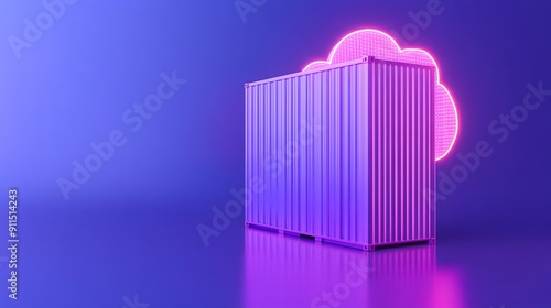 Neon cloud symbol with container on violet background. Concept of cloud storage and modern technology. 3D rendered futuristic scene.