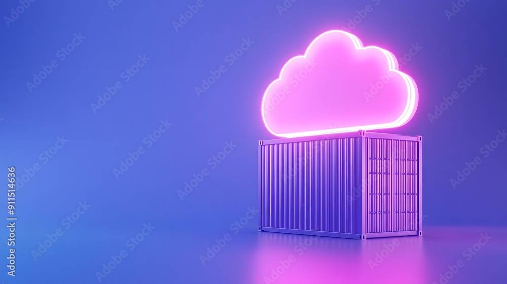Neon pink cloud above a container, representing cloud computing and data storage in a futuristic setting with vibrant blue background. Neon pink cloud above a container, representing cloud computing and data storage in a futuristic setting with vibrant blue background.