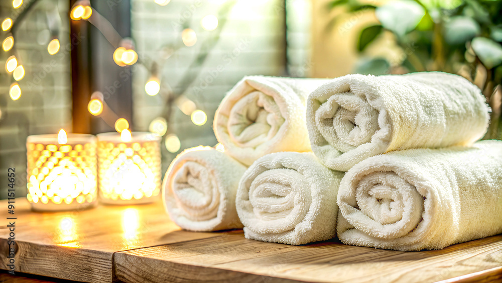 Luxurious spa setting with rolled towels and candles - perfect for wellness retreats and relaxation therapy promotions, spa marketing, wellness center advertisements, spa decor inspiration. Luxurious spa setting with rolled towels and candles - perfect for wellness retreats and relaxation therapy promotions, spa marketing, wellness center advertisements, spa decor inspiration.