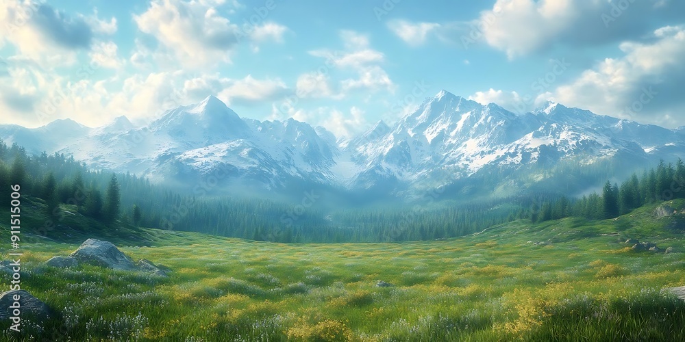 Mountain Meadow with Snow-capped Peaks and Lush Greenery Mountain Meadow with Snow-capped Peaks and Lush Greenery