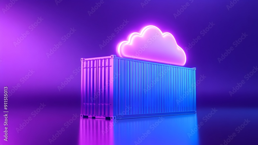 Neon-lit shipping container with a glowing cloud icon, symbolizing cloud storage and hybrid technological solutions. Neon-lit shipping container with a glowing cloud icon, symbolizing cloud storage and hybrid technological solutions.