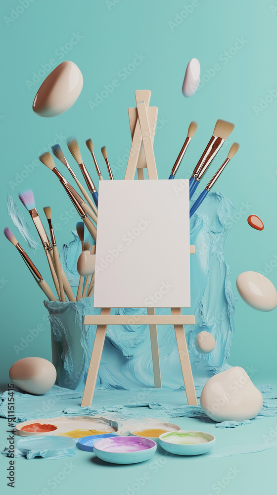 Obraz Creative 3D banner depicting art school elements like paintbrushes, easels, and palettes, with empty copy space for text. Perfect for art education and creative workshops. Vertical  background. AI