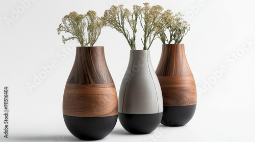 Illustrate a vase that combines different materials, such as wood and glass, metal and ceramic, or stone and fabric, showcasing innovative design and craftsmanship photo