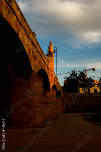 Beautiful bridge at sunset. Gothic bridge. Valencia, Spain.