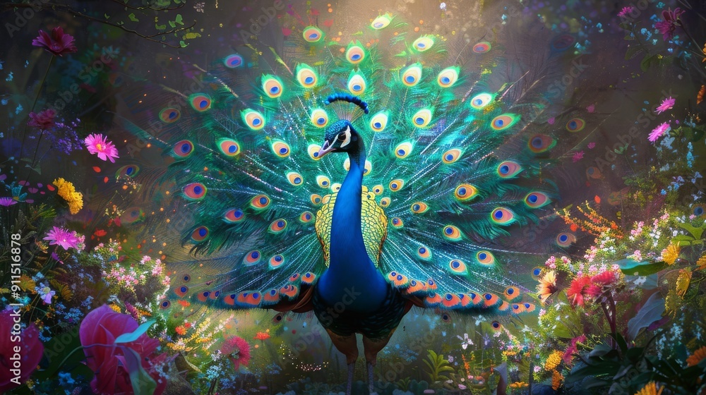 Obraz premium stunning peacock in green garden , peacock showing off its tail , peacock feathers , colorful peacock