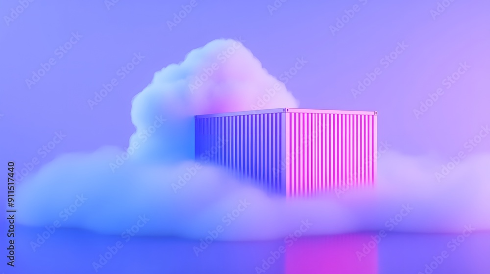 Surreal image of a shipping container enveloped in fluffy clouds, illuminated by vibrant pink and blue lighting. Surreal image of a shipping container enveloped in fluffy clouds, illuminated by vibrant pink and blue lighting.
