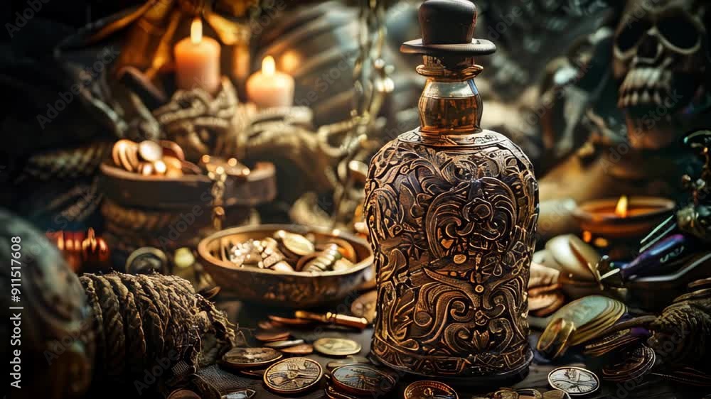Pirate's treasure and a decorated bottle of rum Pirate's treasure and a decorated bottle of rum