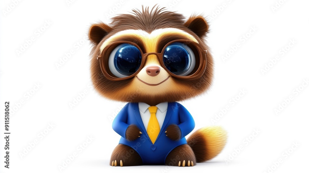 Obraz premium A cartoon bear wearing glasses and a blue suit with a tie