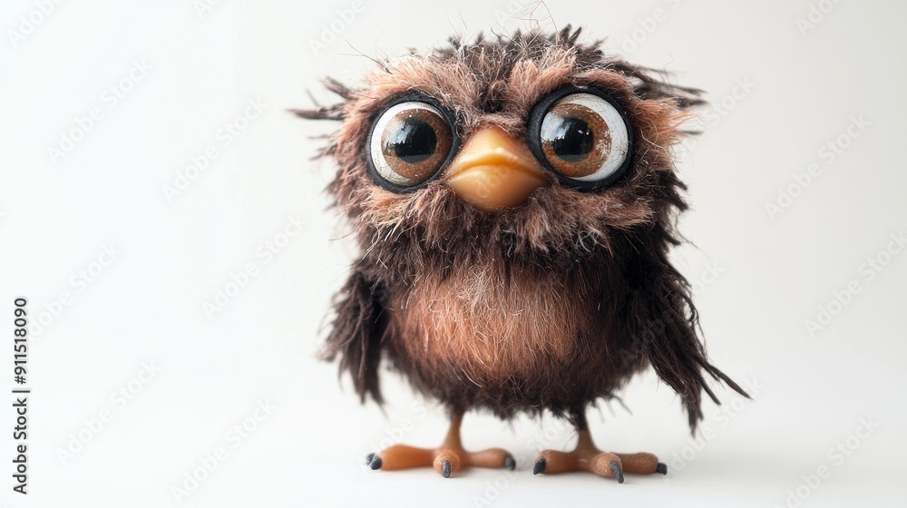 Happy rubber bird doll with big tired eyes, messy fluff, brown body, white background. Happy rubber bird doll with big tired eyes, messy fluff, brown body, white background.