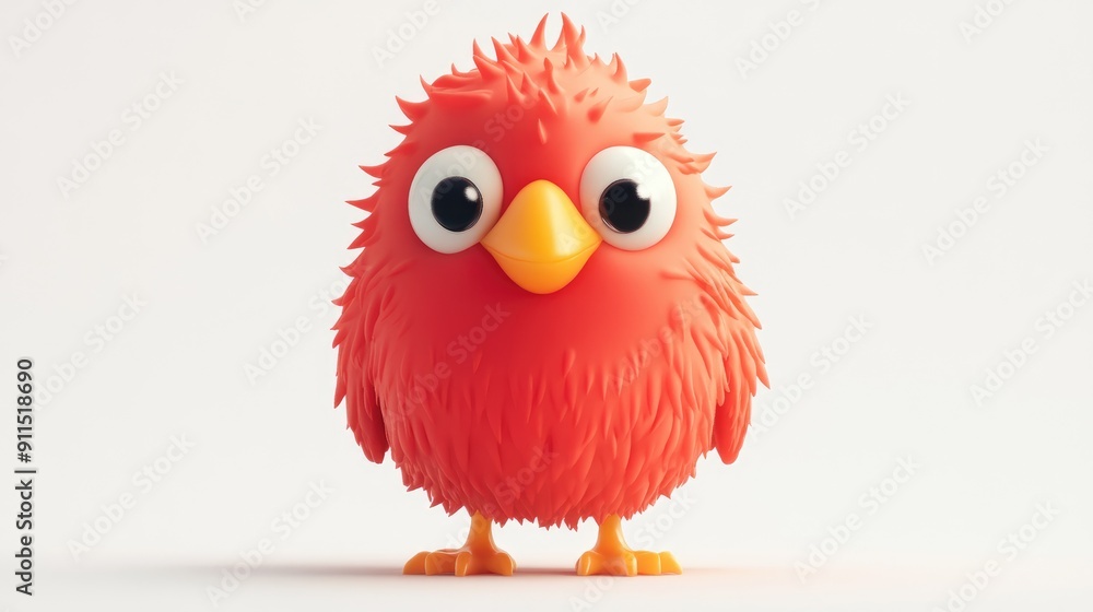 Cheerful rubber bird toy with messy fluff, red chest, big tired eyes, white background. Cheerful rubber bird toy with messy fluff, red chest, big tired eyes, white background.