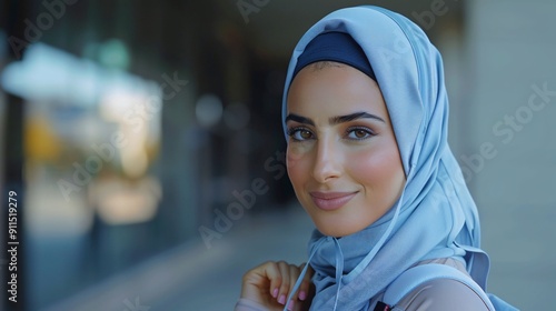 Portrait of a Young Woman in a Light Blue Hijab