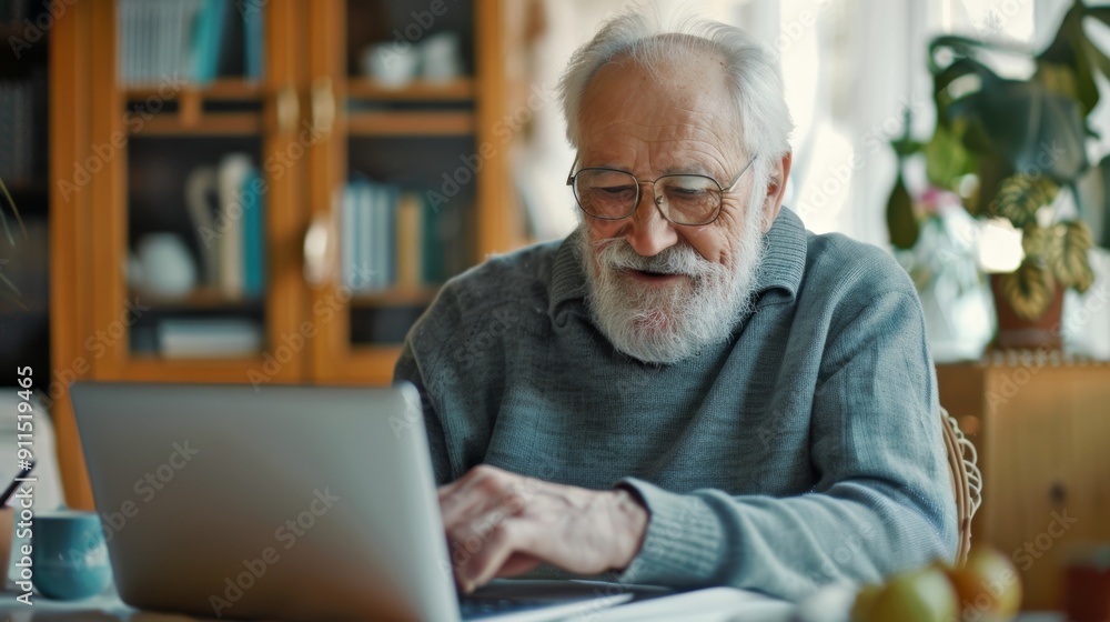 Elderly man video calling on a laptop, with a joyful expression in a well-lit room Elderly man video calling on a laptop, with a joyful expression in a well-lit room