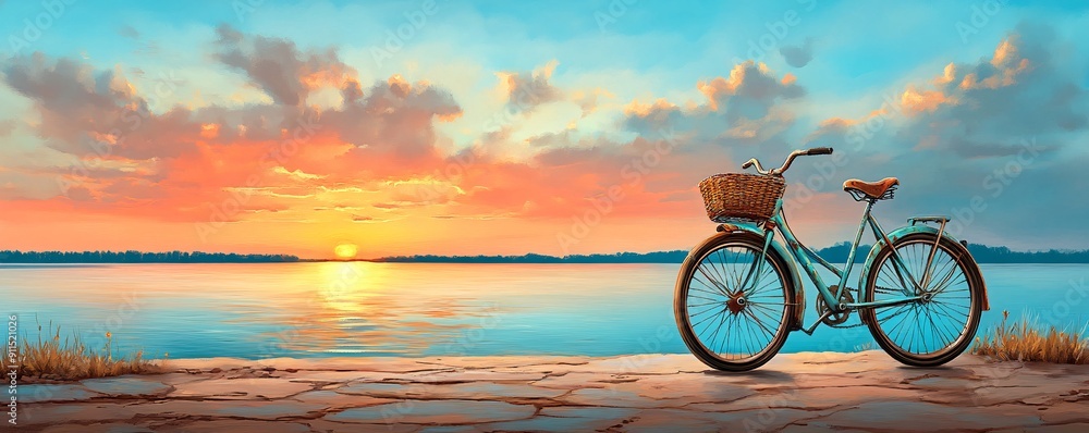 Fototapeta premium Bicycle Sunset at the Lake.