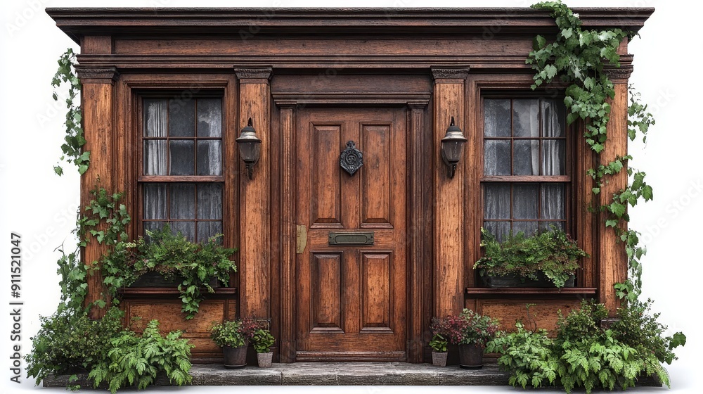 Wooden house with vines and potted plants Wooden house with vines and potted plants