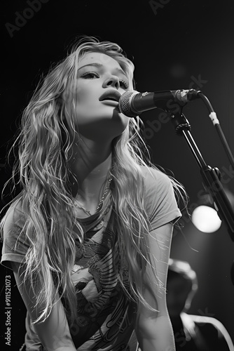 Photo de concert, chanteuse pop-rock glamour au micro, jeux de lumières, passion pour la musique photo