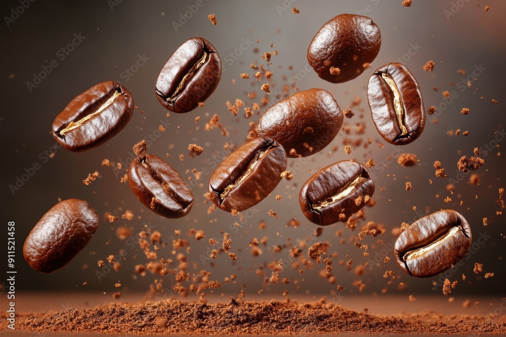 Close-up of coffee beans floating with burst of particles Close-up of coffee beans floating with burst of particles