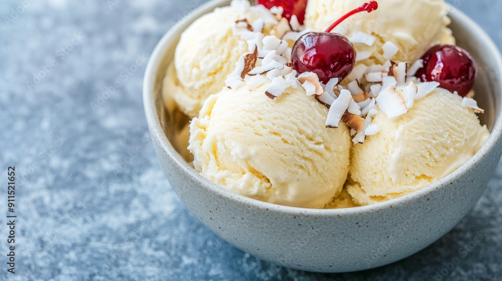 Indulge in a creamy bowl of delicious vanilla ice cream topped with cherries and shredded coconut, perfect for desserts. Indulge in a creamy bowl of delicious vanilla ice cream topped with cherries and shredded coconut, perfect for desserts.