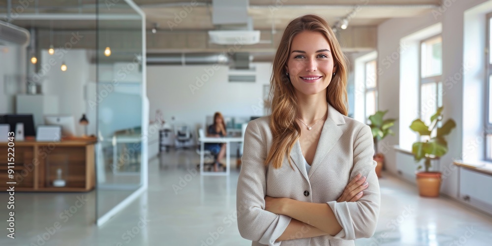 Business girl in a modern office with clear space for advertising. Business girl in a modern office with clear space for advertising.