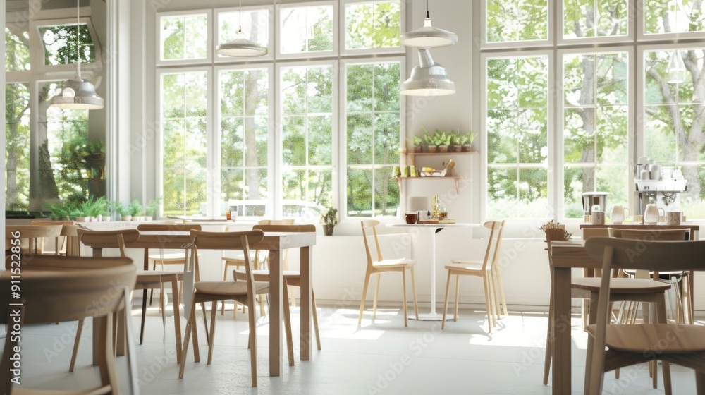 Sunlit Cafe Interior with Wooden Tables and Chairs Sunlit Cafe Interior with Wooden Tables and Chairs